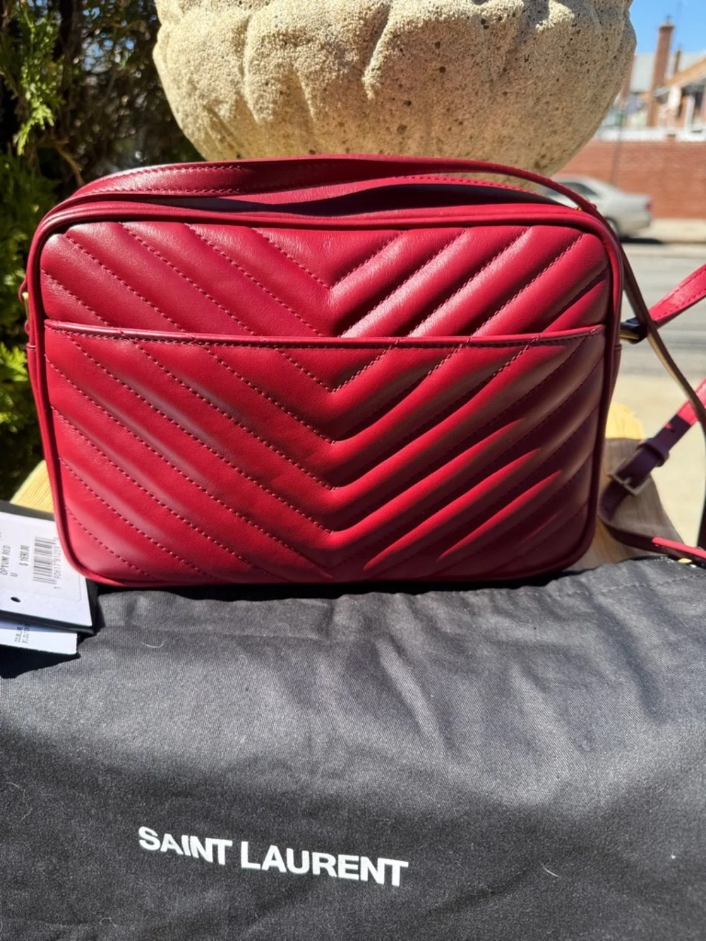 New! Saint Laurent Quilted Red Leather Crossbody Camera Bag with Gold YSL Logo